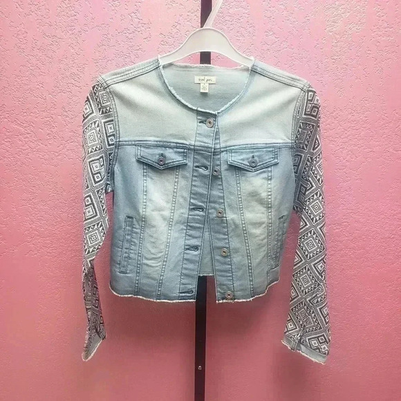 Tribal Raw Edge Jean Jacket with Combo Sleeves - Picture 1 of 6